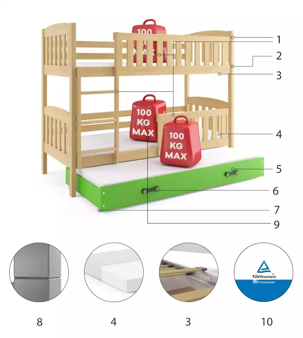 Componente pentru patul de tineret trei -persoană Winnie 90x200 cu sertar, pin/verde Componente pentru patul de tineret trei -persoană Winnie 90x200 cu sertar, pin/verde