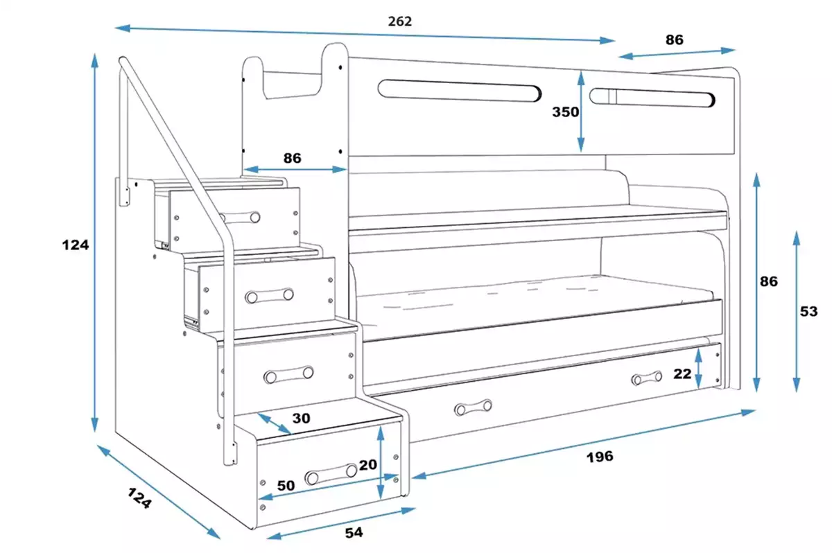 Dimensiuni și specificații pentru patul de tineret trei -persoană Max 1 80x200 cu un birou, alb Dimensiuni și specificații pentru patul de tineret trei -persoană Max 1 80x200 cu un birou, alb