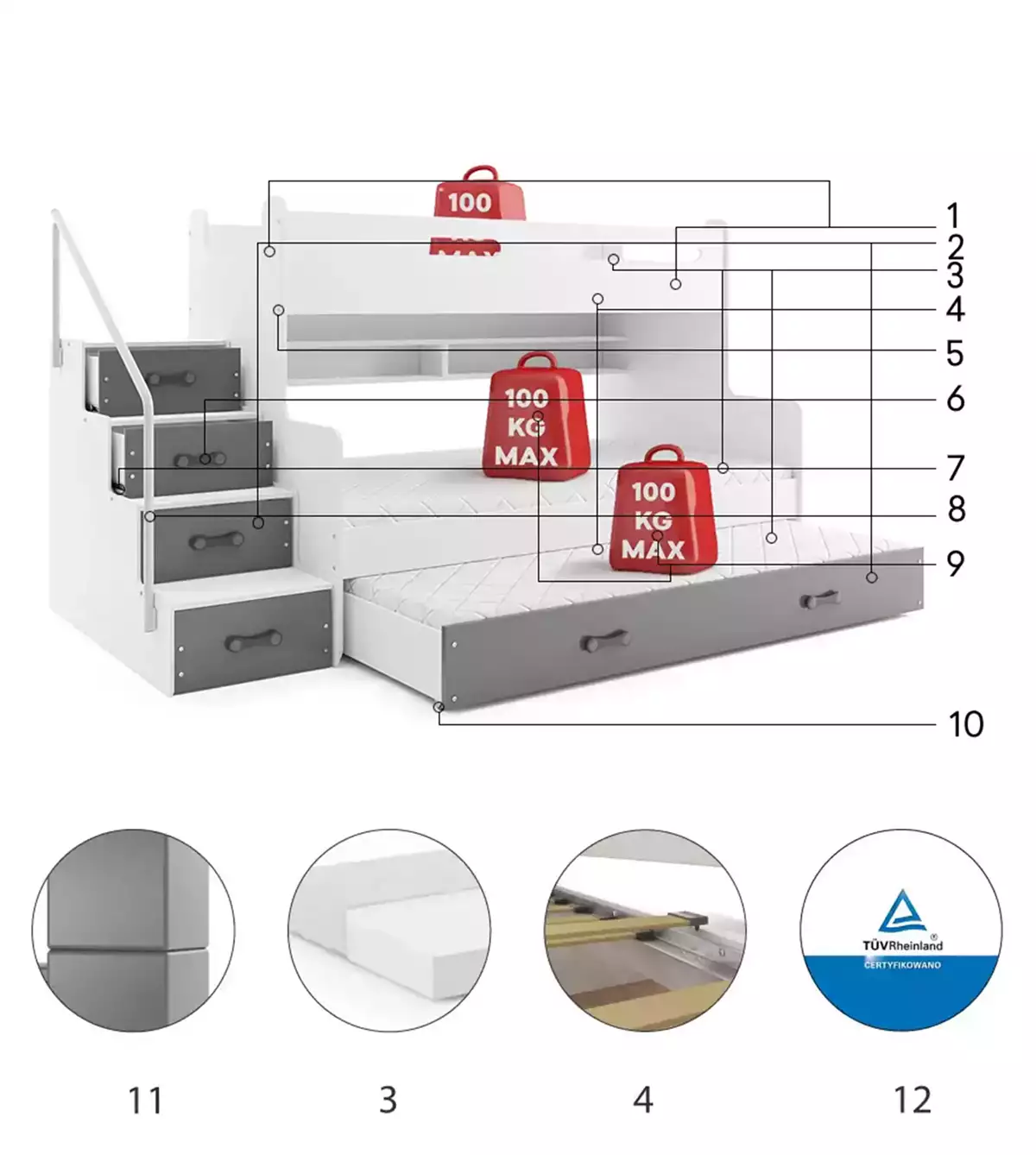 Componente pentru patul de tineret trei -persoană Max 3 120x200 cu sertar, grafit Componente pentru patul de tineret trei -persoană Max 3 120x200 cu sertar, grafit