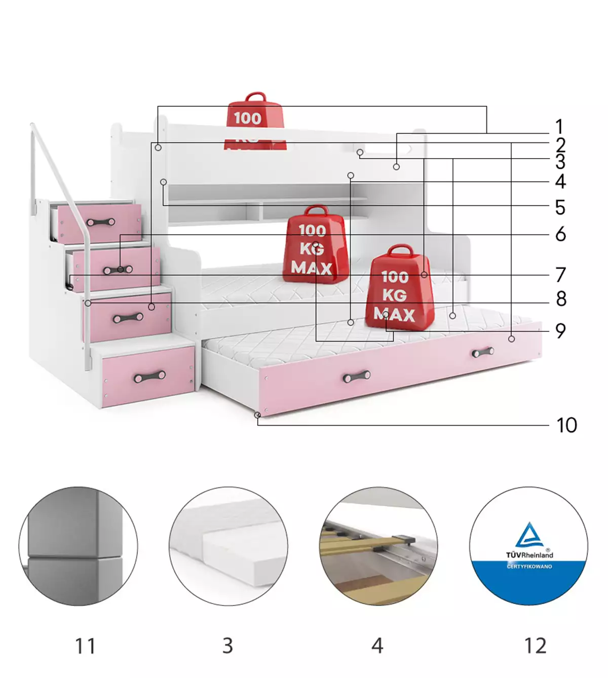 Componente pentru patul de tineret trei -persoană Max 3 120x200 cu un sertar, roz Componente pentru patul de tineret trei -persoană Max 3 120x200 cu un sertar, roz