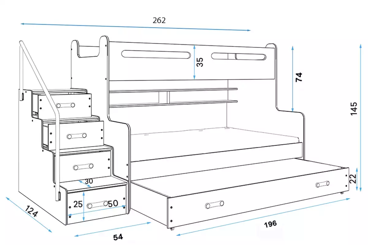 Dimensiuni și specificații pentru patul de tineret trei -persoană max 3 120x200 cu un sertar, roz Dimensiuni și specificații pentru patul de tineret trei -persoană max 3 120x200 cu un sertar, roz