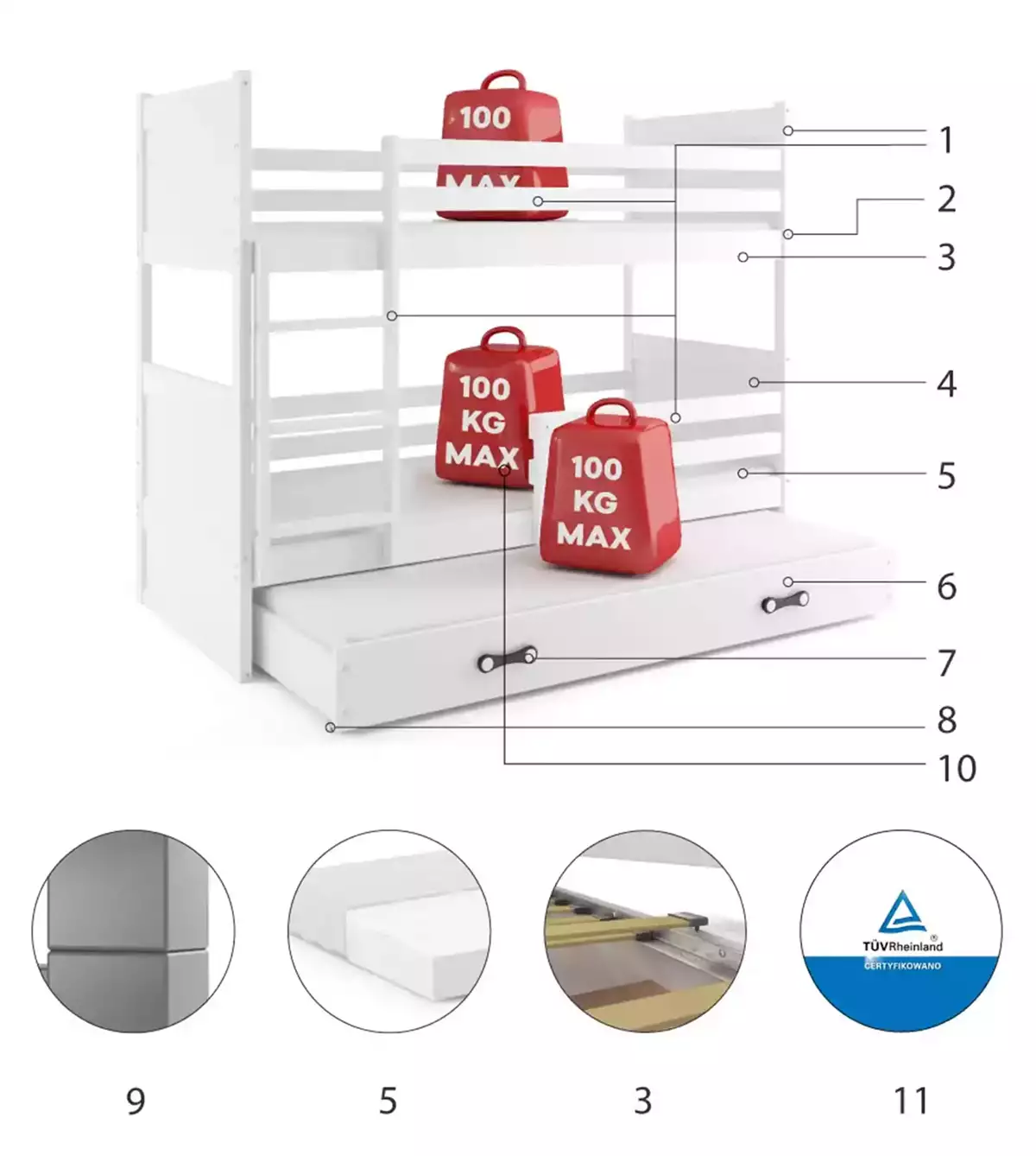 Componente pentru RICO 90x200 Pat de tineret cu trei persoane cu saltea și sertar, alb