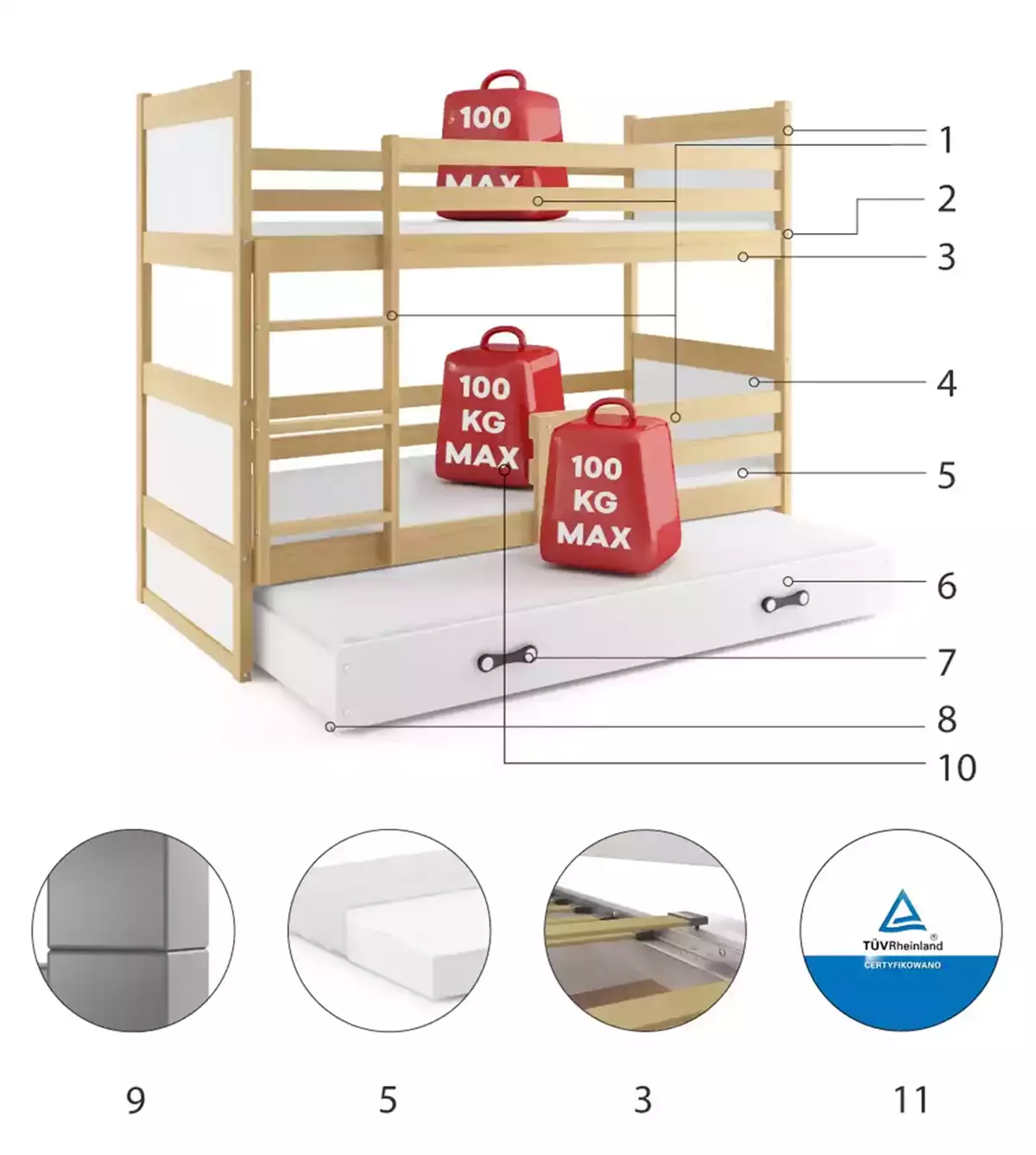 Componente pentru un Rico 90x200 cu trei persoane cu trei persoane cu saltea și sertar, pin/alb Componente pentru un Rico 90x200 cu trei persoane cu trei persoane cu saltea și sertar, pin/alb