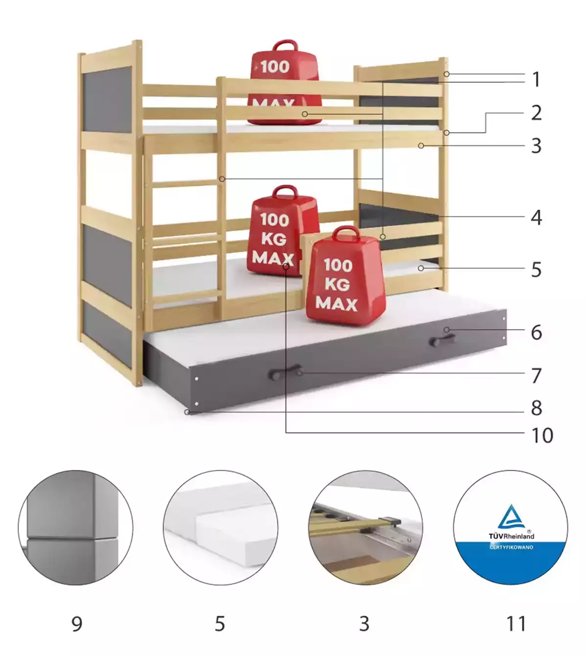 Componente pentru un Rico 90x200 cu trei persoane cu trei persoane cu saltea și sertar, pin/grafit Componente pentru un Rico 90x200 cu trei persoane cu trei persoane cu saltea și sertar, pin/grafit