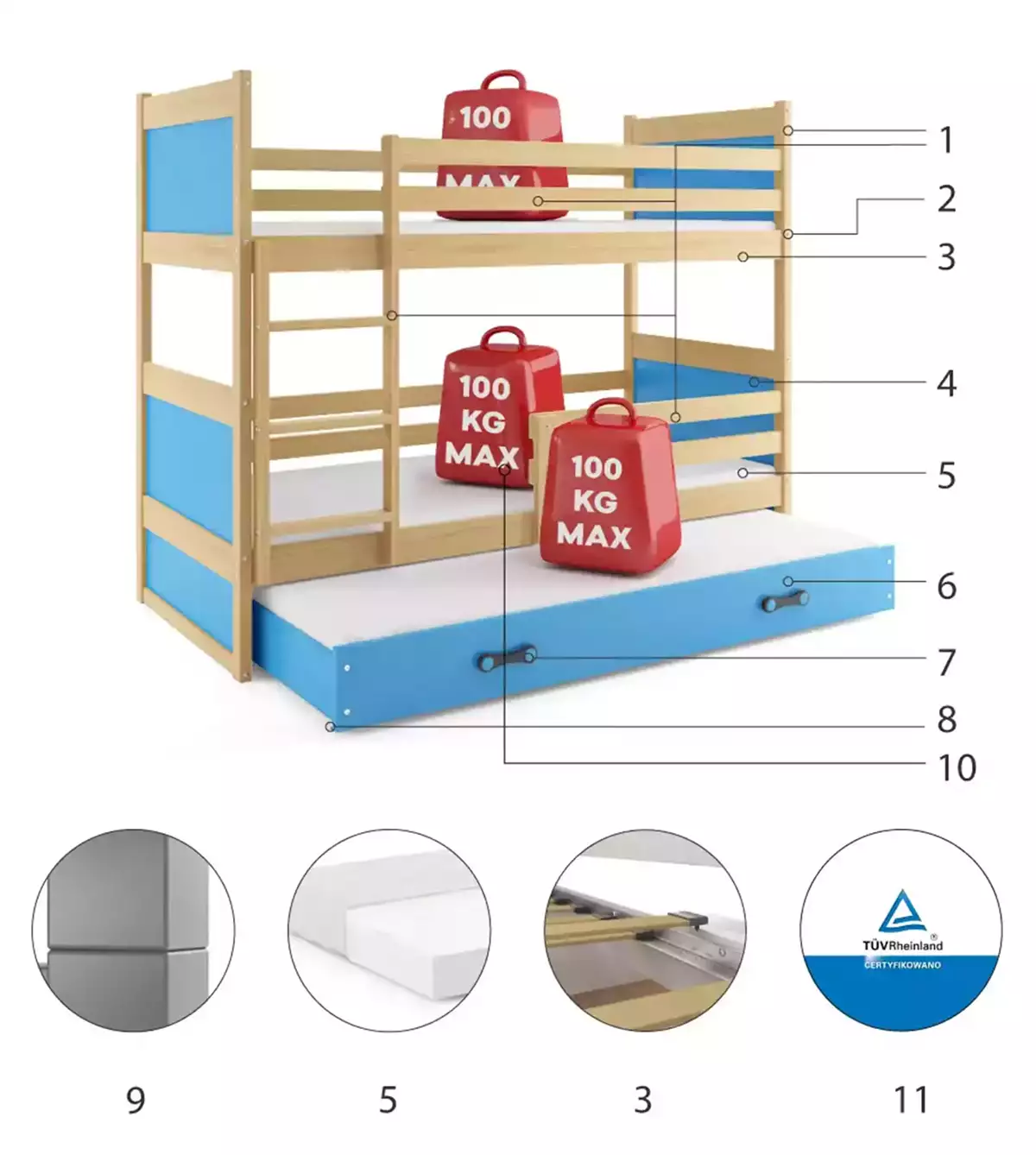 Componente pentru patul de tineret trei -persoană Rico 90x200 cu saltea și sertar, pin/albastru Componente pentru patul de tineret trei -persoană Rico 90x200 cu saltea și sertar, pin/albastru