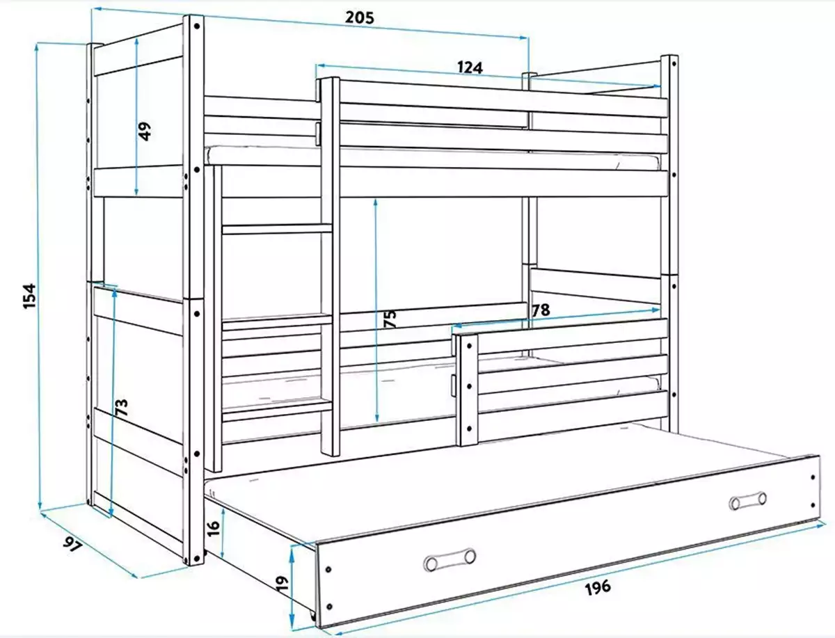 Dimensiuni și specificații pentru patul de tineret trei -persoană Rico 90x200 cu saltea și sertar, pin/albastru Dimensiuni și specificații pentru patul de tineret trei -persoană Rico 90x200 cu saltea și sertar, pin/albastru