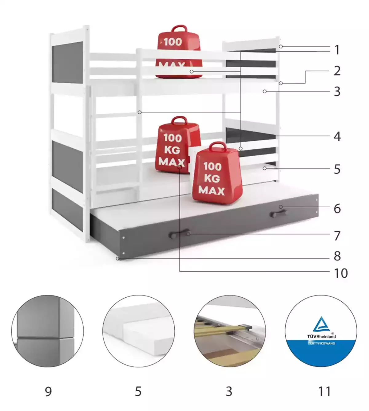Componente pentru un pat de tineret Rico 90x200 cu sertar, alb/grafit