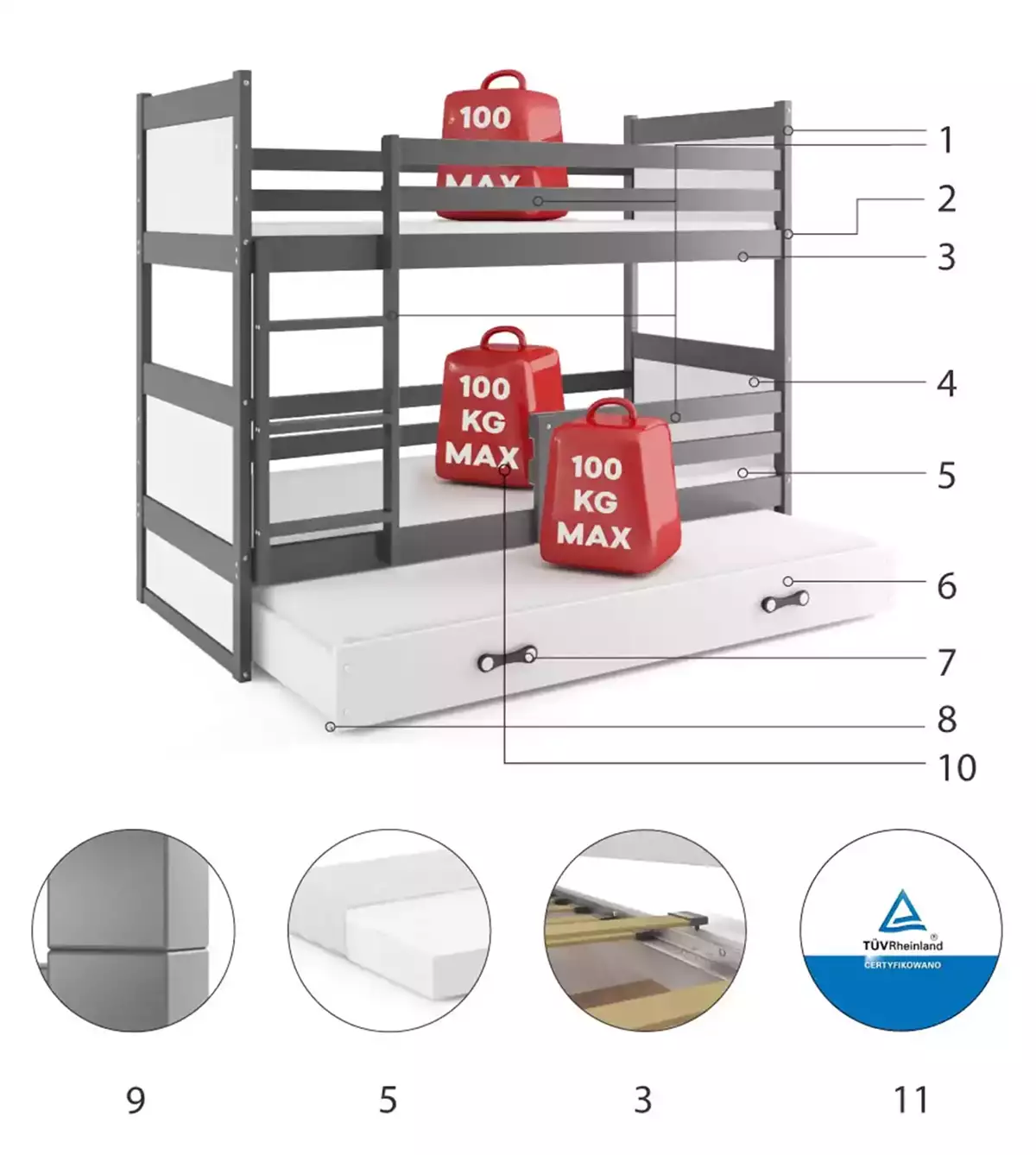 Componente pentru patul de tineret trei -persoană Rico 90x200 cu sertar, grafit/alb Componente pentru patul de tineret trei -persoană Rico 90x200 cu sertar, grafit/alb