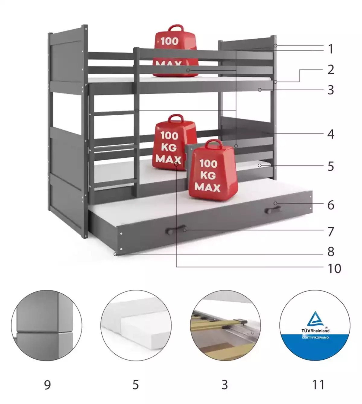 Componente pentru un pat de tineret Rico 90x200 cu sertar, grafit Componente pentru un pat de tineret Rico 90x200 cu sertar, grafit