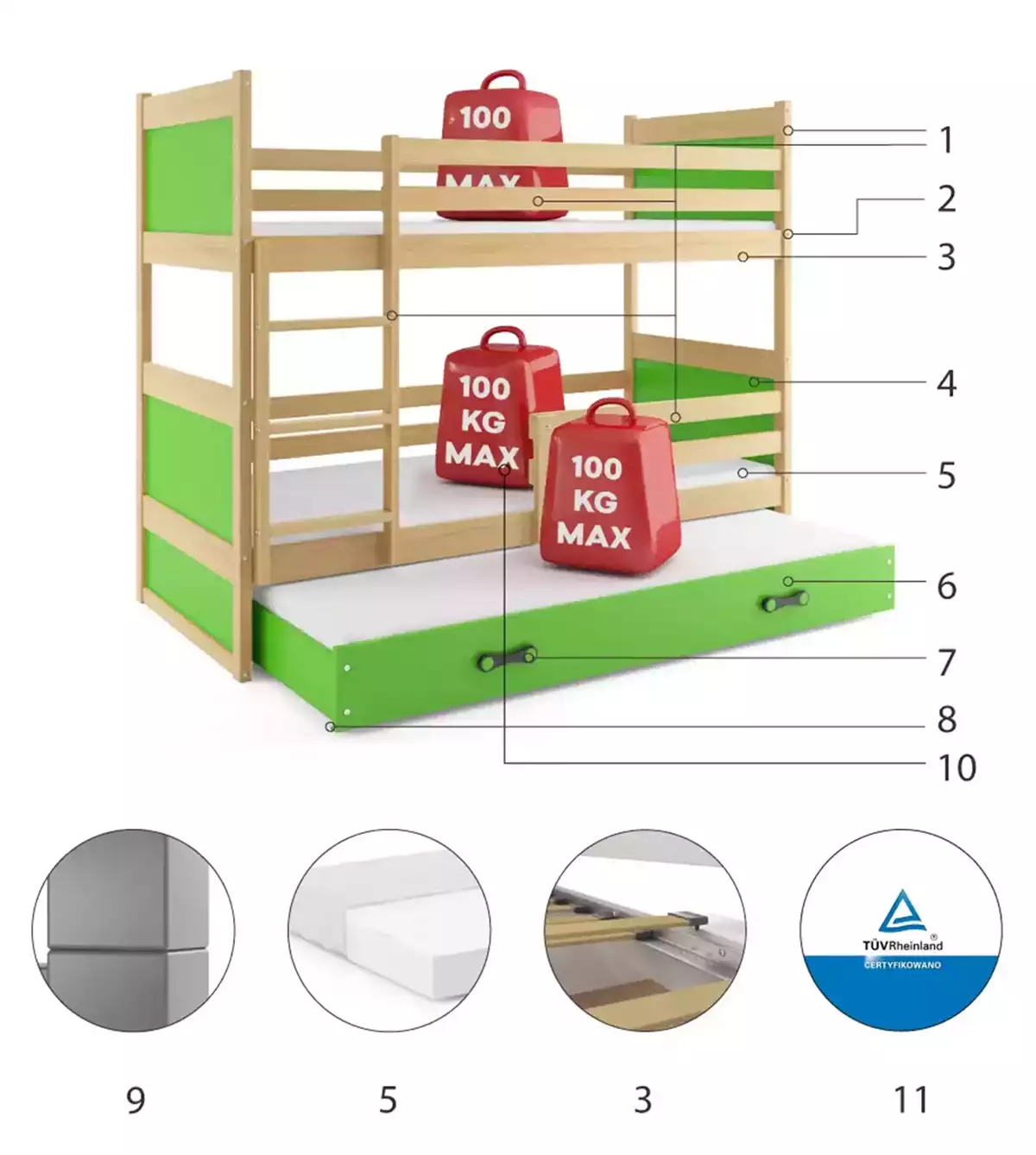Componente pentru un pat de tineret de trei persoane Rico 90x200 cu sertar, pin/verde Componente pentru un pat de tineret de trei persoane Rico 90x200 cu sertar, pin/verde