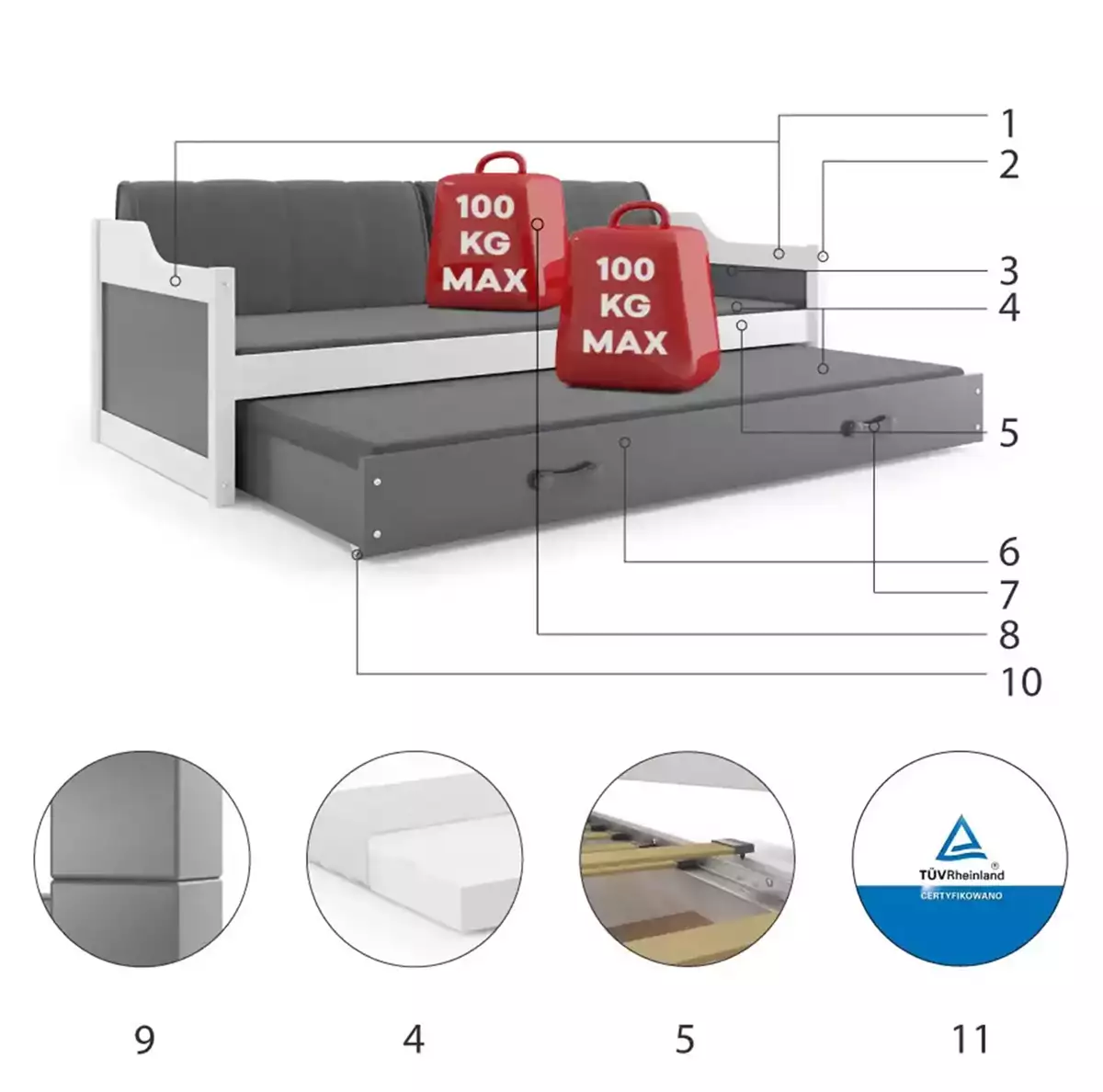 Componente pentru patul de tineret retractabil David 90x200 cu saltea și sertar, alb/grafit Componente pentru patul de tineret retractabil David 90x200 cu saltea și sertar, alb/grafit