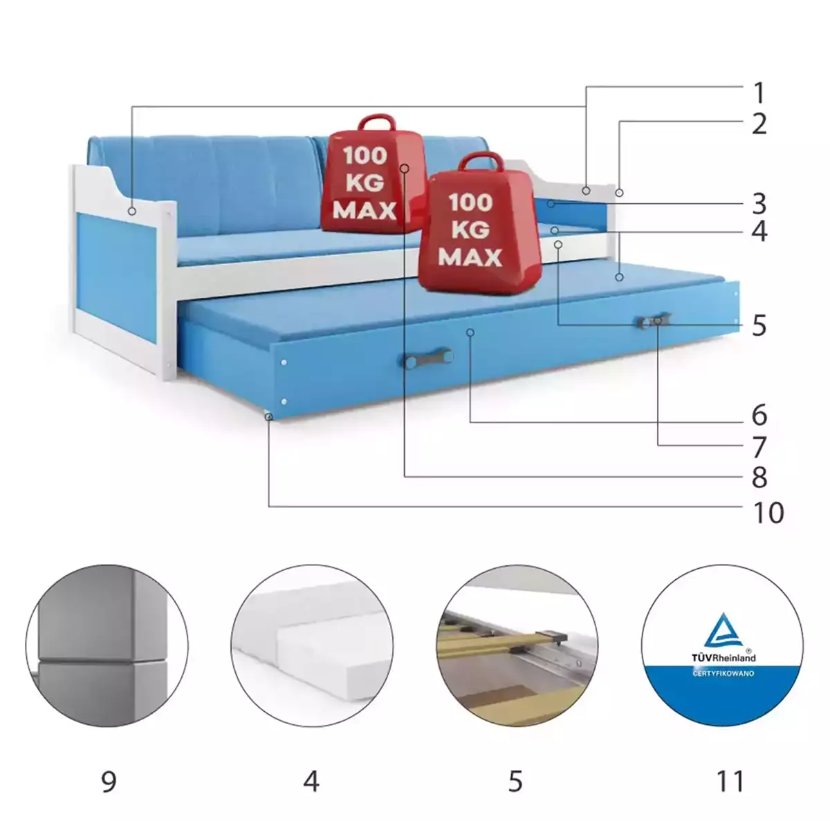 Componente pentru patul de tineret retractabil Dawid 90x200 cu saltea și sertar, alb/albastru Componente pentru patul de tineret retractabil Dawid 90x200 cu saltea și sertar, alb/albastru