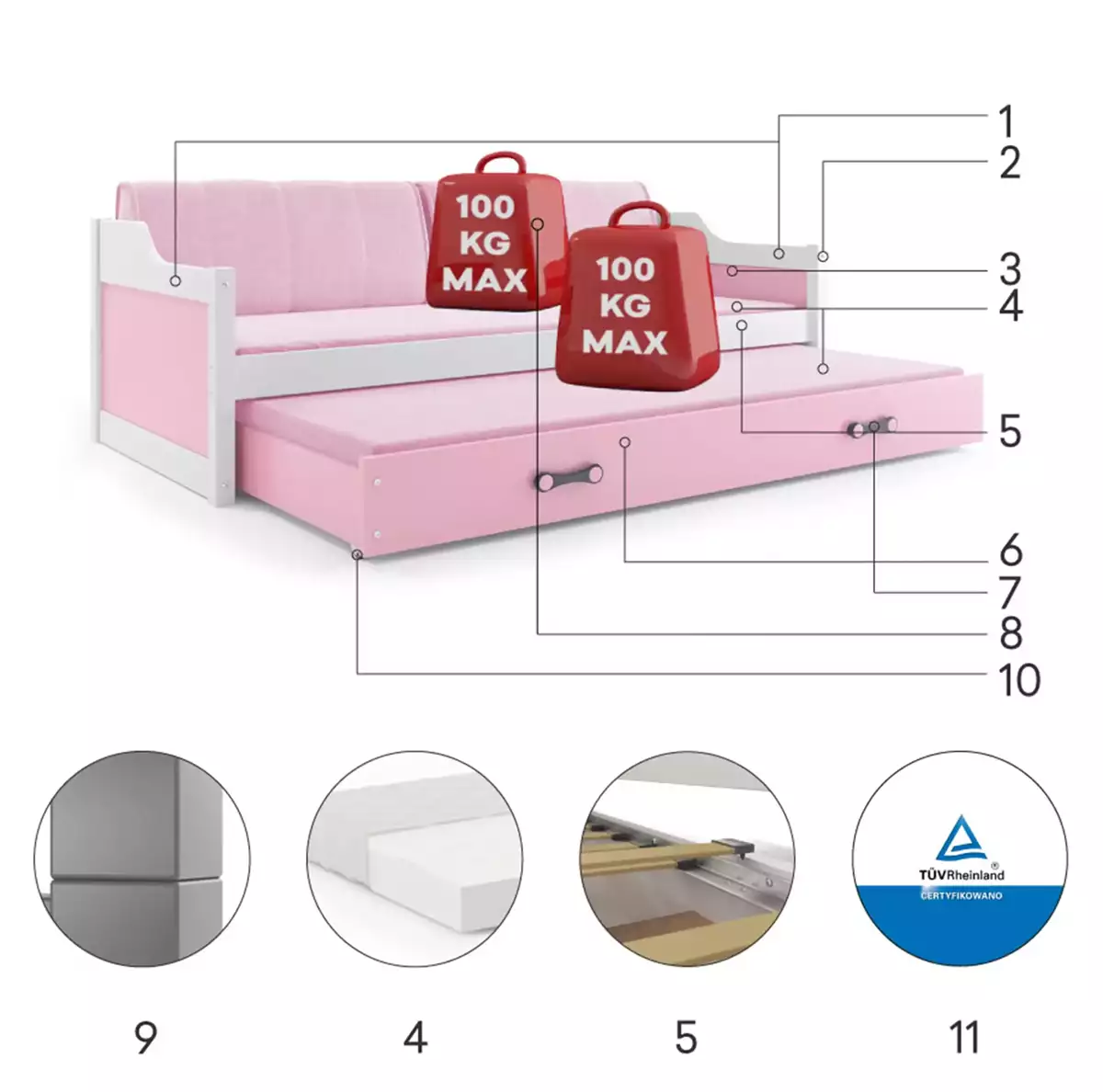 Componente pentru patul de tineret retractabil Dawid 90x200 cu saltea și sertar, alb/roz Componente pentru patul de tineret retractabil Dawid 90x200 cu saltea și sertar, alb/roz