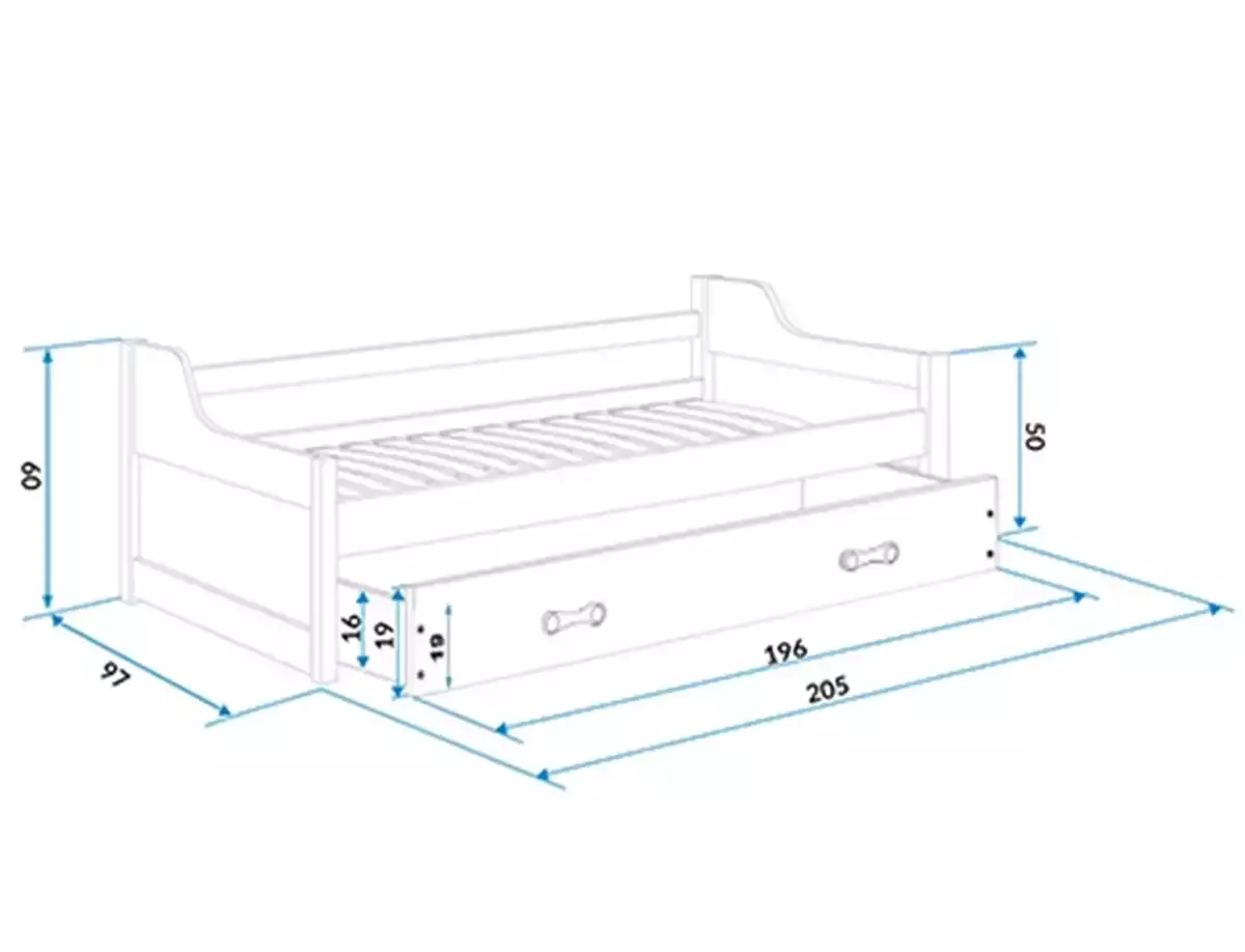 Dimensiuni și specificații pentru Dawid 90x200 Pat adeziv pentru tineret cu saltea și sertar, grafit/albastru Dimensiuni și specificații pentru Dawid 90x200 Pat adeziv pentru tineret cu saltea și sertar, grafit/albastru