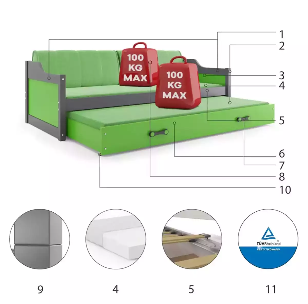 Componente pentru Dawid 90x200 Pat de tineret retractabil cu saltea și sertar, grafit/verde Componente pentru Dawid 90x200 Pat de tineret retractabil cu saltea și sertar, grafit/verde