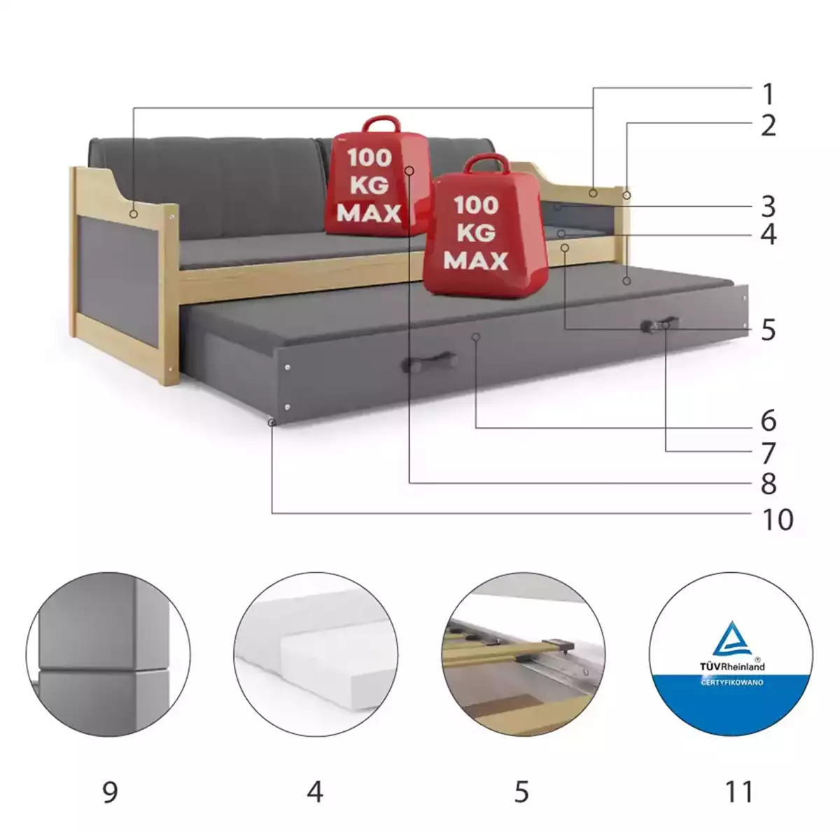 Componente pentru patul de tineret retractabil Dawid 90x200 cu saltea și sertar, pin/grafit Componente pentru patul de tineret retractabil Dawid 90x200 cu saltea și sertar, pin/grafit
