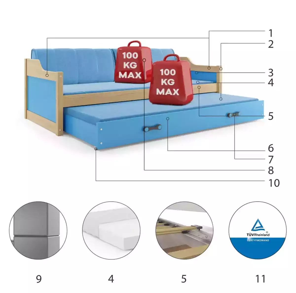 Componente pentru patul de tineret retractabil Dawid 90x200 cu saltea și sertar, pin/albastru Componente pentru patul de tineret retractabil Dawid 90x200 cu saltea și sertar, pin/albastru