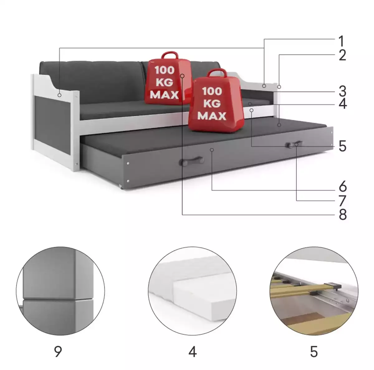 Componente pentru patul de tineret retractabil Dawid 90x200 cu saltea și sertar, pin/roz Componente pentru patul de tineret retractabil Dawid 90x200 cu saltea și sertar, pin/roz