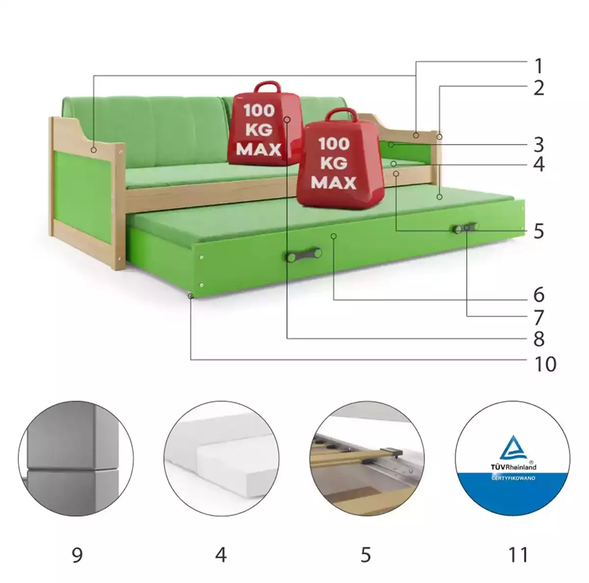 Componente pentru Dawid 90x200 Pat de tineret retractabil cu saltea și sertar, pin/verde Componente pentru Dawid 90x200 Pat de tineret retractabil cu saltea și sertar, pin/verde