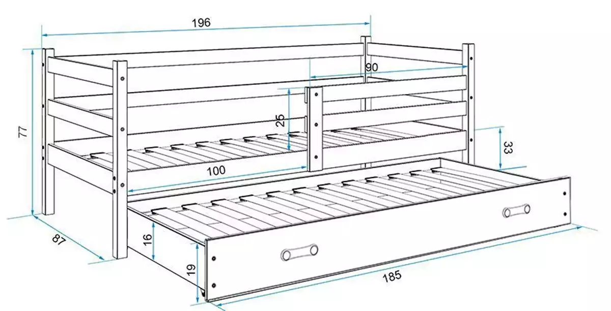 Dimensiuni și specificații pentru paturile de tineret, Eryk 80x190 retractabile cu saltea și sertar, alb Dimensiuni și specificații pentru paturile de tineret, Eryk 80x190 retractabile cu saltea și sertar, alb