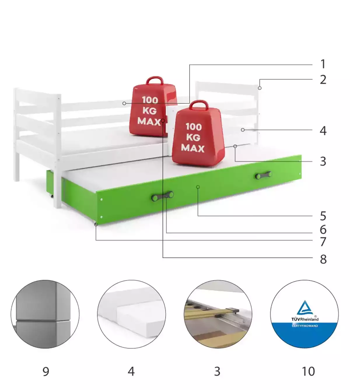 Componente pentru patul de tineret retractabil Eric 80x190 cu saltea și sertar, alb/verde