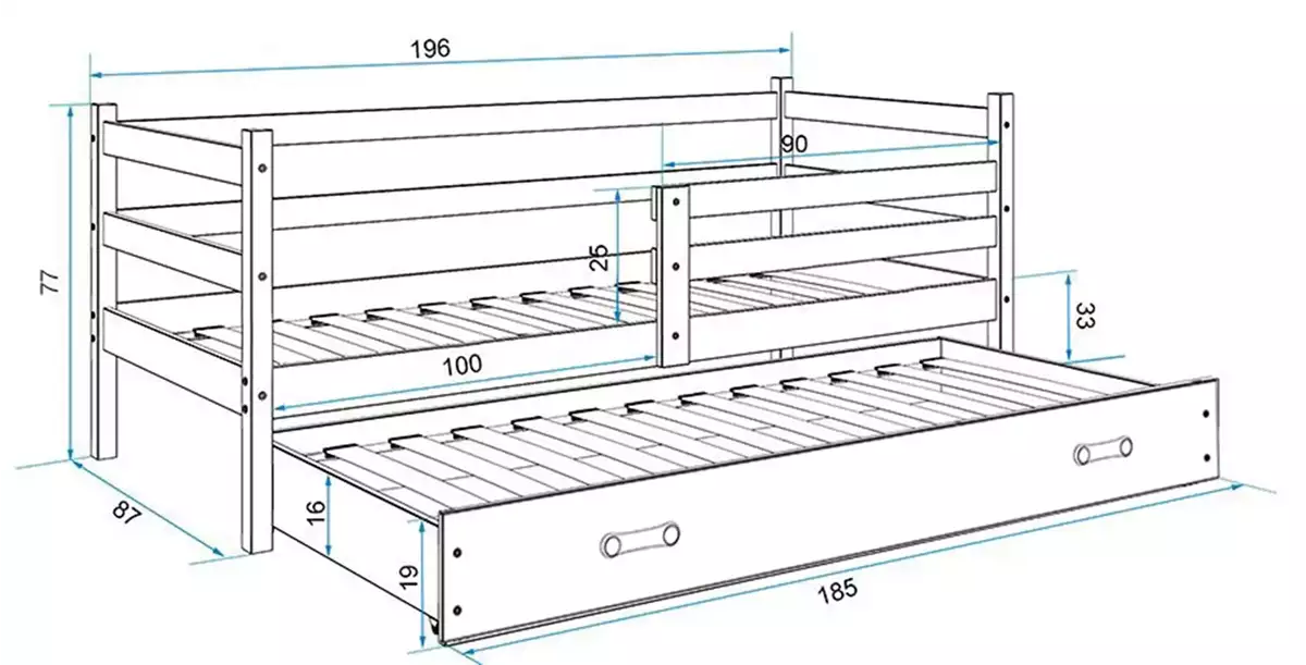 Dimensiuni și specificații pentru paturile de tineret, Eryk 80x190 retractabile cu saltea și sertar, grafit/alb Dimensiuni și specificații pentru paturile de tineret, Eryk 80x190 retractabile cu saltea și sertar, grafit/alb