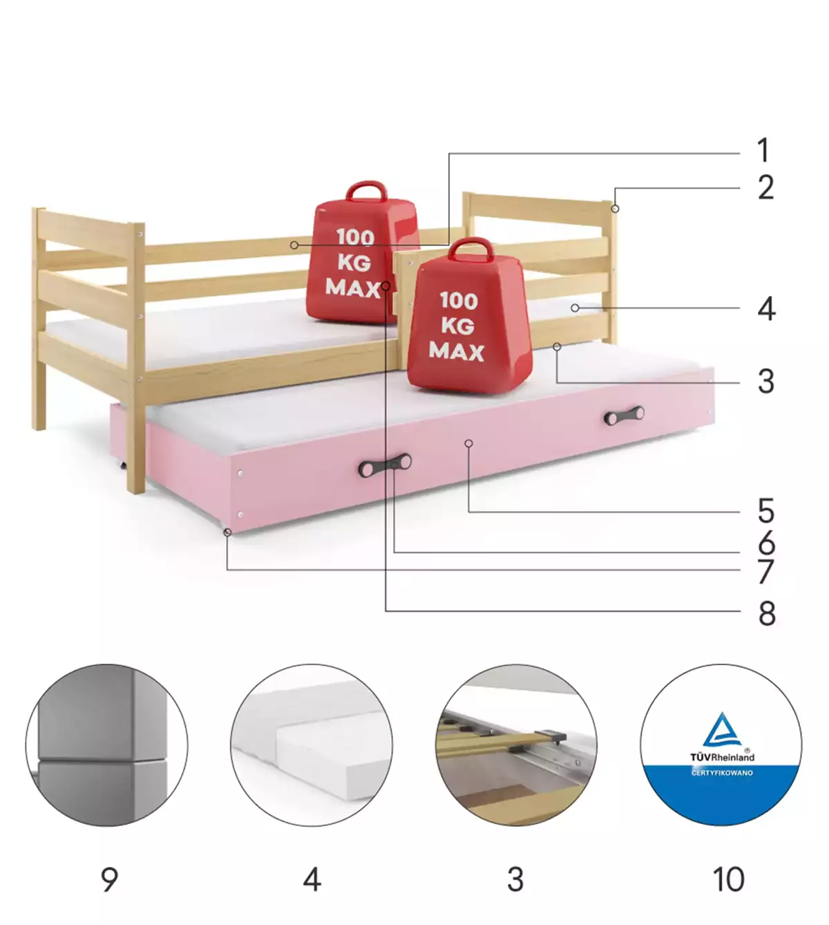 Componente pentru patul de tineret retractabil Eric 80x190 cu saltea și sertar, pin/roz Componente pentru patul de tineret retractabil Eric 80x190 cu saltea și sertar, pin/roz