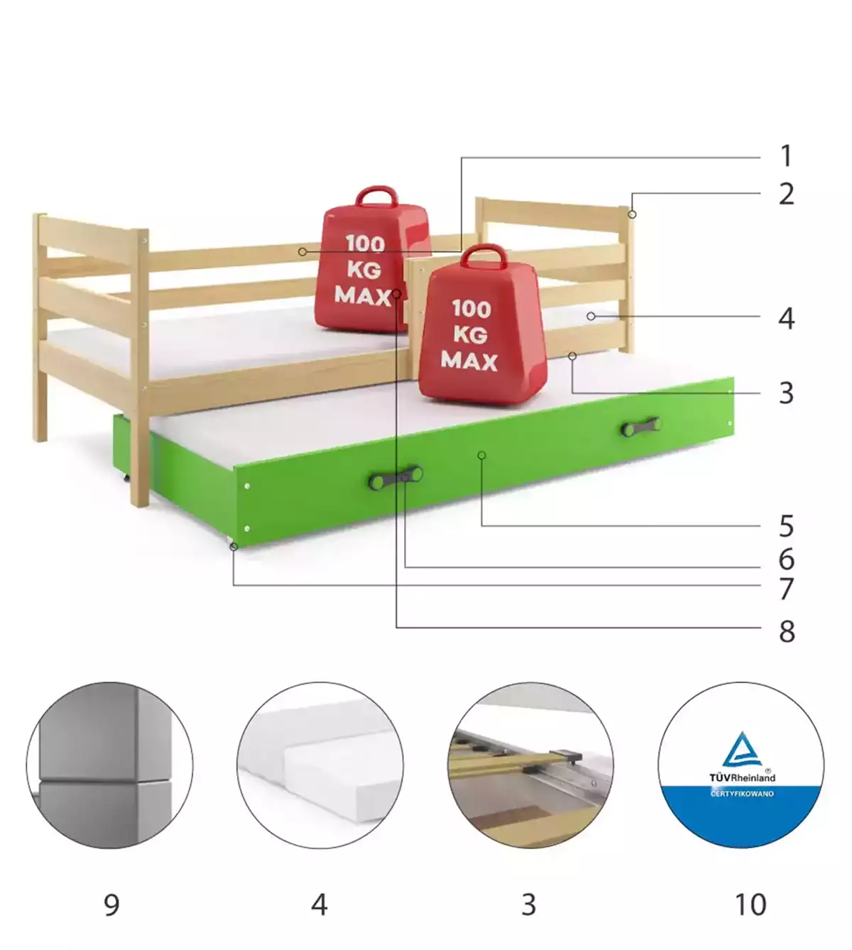 Componente pentru patul de tineret retractabil Eric 80x190 cu saltea și sertar, pin/verde