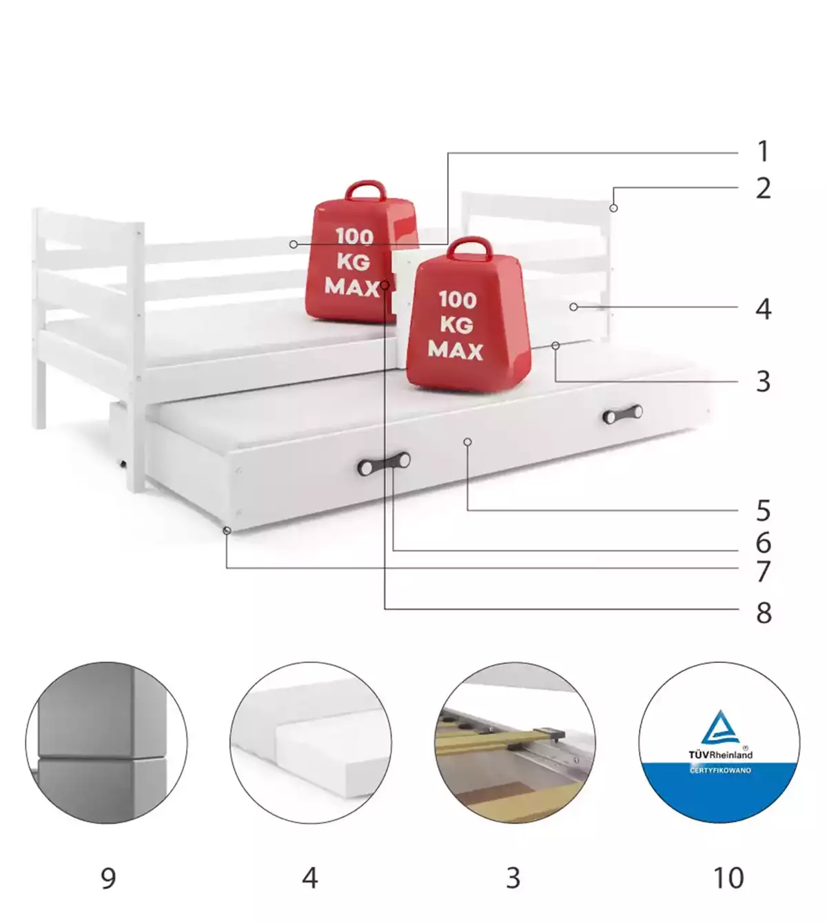 Componente pentru patul de tineret retractabil Eric 90x200 cu saltea și sertar, alb Componente pentru patul de tineret retractabil Eric 90x200 cu saltea și sertar, alb