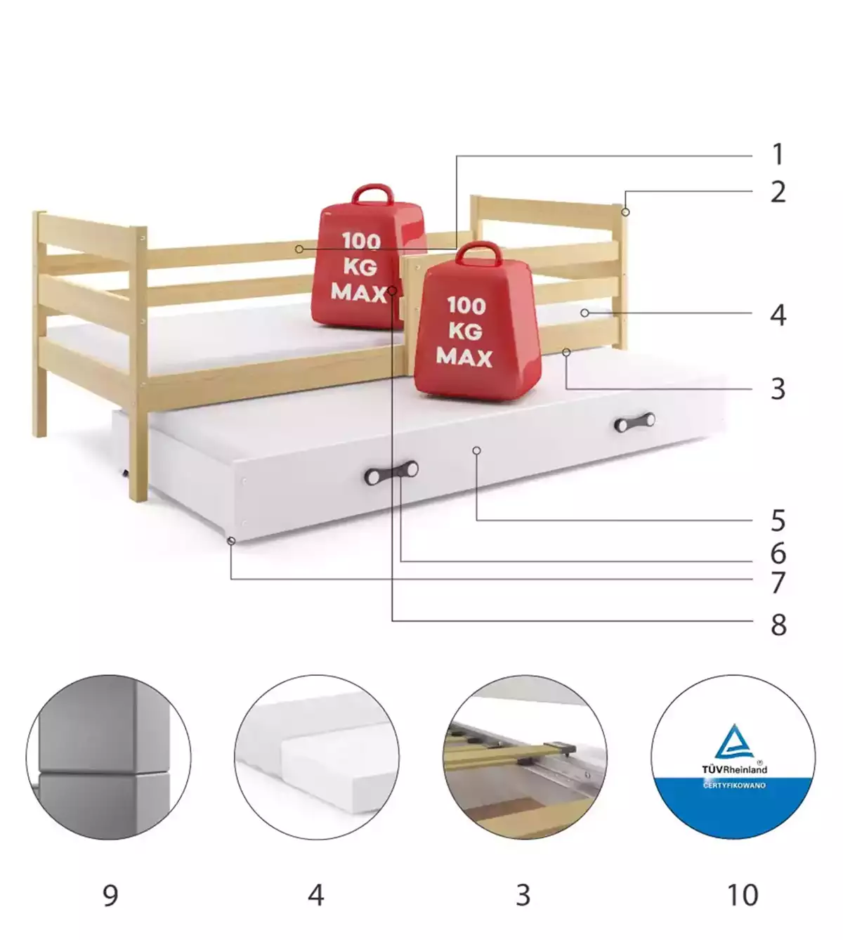 Componente pentru patul de tineret retractabil Eric 90x200 cu saltea și sertar, pin/alb Componente pentru patul de tineret retractabil Eric 90x200 cu saltea și sertar, pin/alb