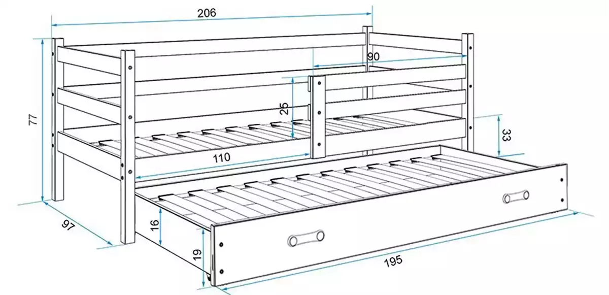 Dimensiuni și specificații pentru paturile de tineret, Eryk 90x200 retractabile cu saltea și sertar, pin/alb Dimensiuni și specificații pentru paturile de tineret, Eryk 90x200 retractabile cu saltea și sertar, pin/alb