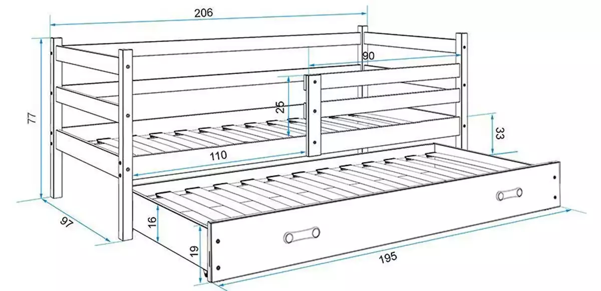 Dimensiuni și specificații pentru paturile de tineret, ERYK 90x200 retractabil cu sertar, alb/grafit Dimensiuni și specificații pentru paturile de tineret, ERYK 90x200 retractabil cu sertar, alb/grafit