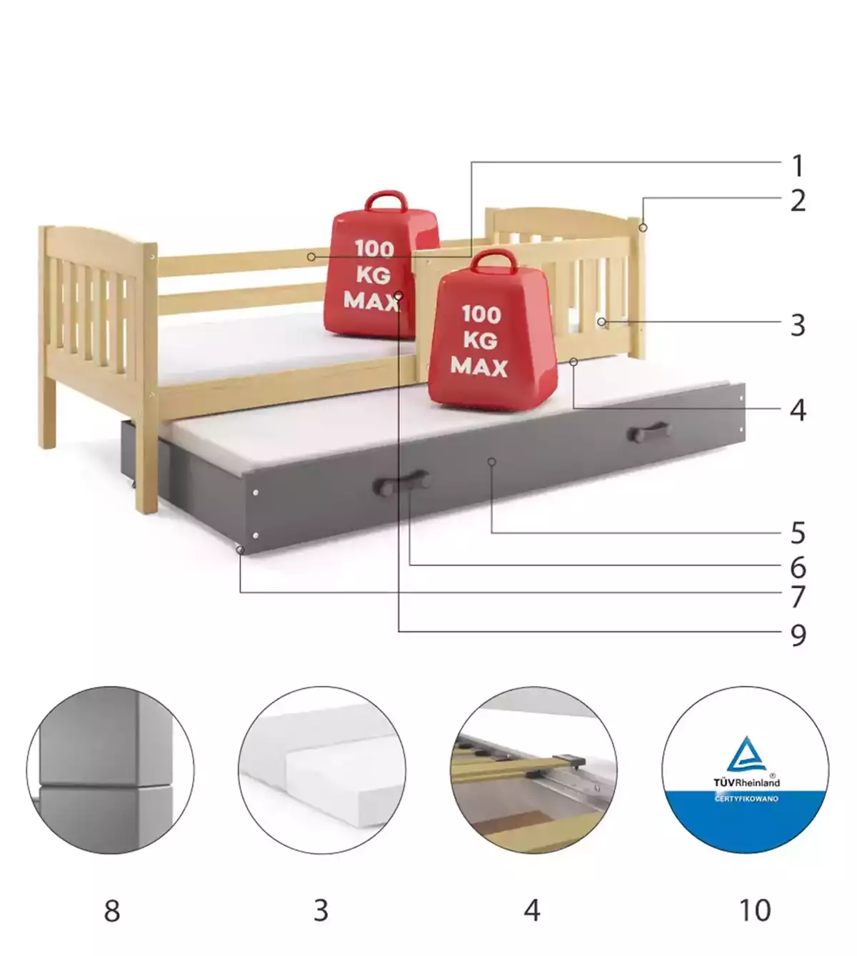 Componente pentru patul de tineret retractabil Winnie 80x190 cu saltea și sertar, pin/grafit