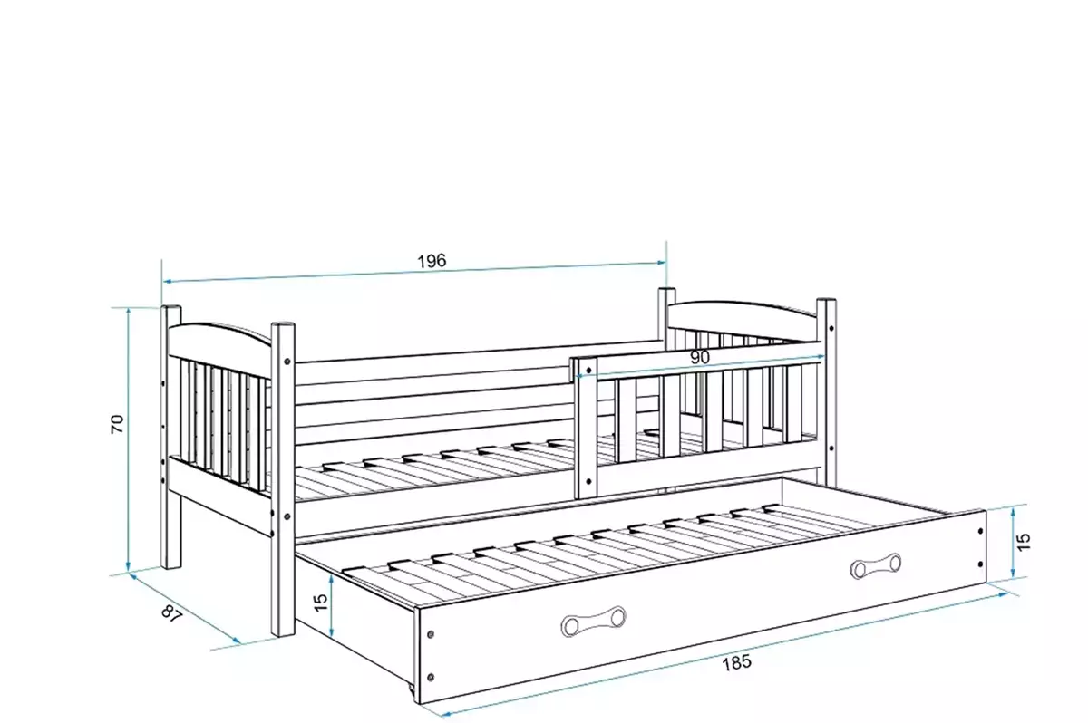 Dimensiuni și specificații pentru paturile de tineret. Kubuś 80x190 cu saltea și sertar, pin/albastru Dimensiuni și specificații pentru paturile de tineret. Kubuś 80x190 cu saltea și sertar, pin/albastru
