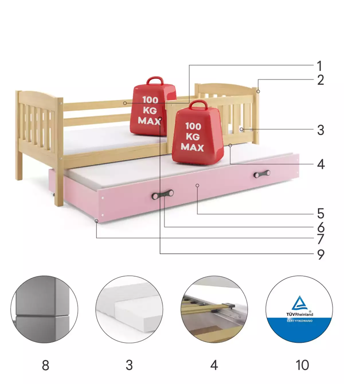 Componente pentru patul de tineret retractabil Winnie 80x190 cu sertar, pin/roz Componente pentru patul de tineret retractabil Winnie 80x190 cu sertar, pin/roz