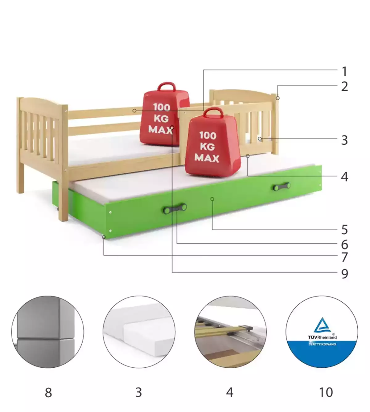 Componente pentru patul de tineret retractabil Winnie 80x190 cu sertar, pin/verde Componente pentru patul de tineret retractabil Winnie 80x190 cu sertar, pin/verde
