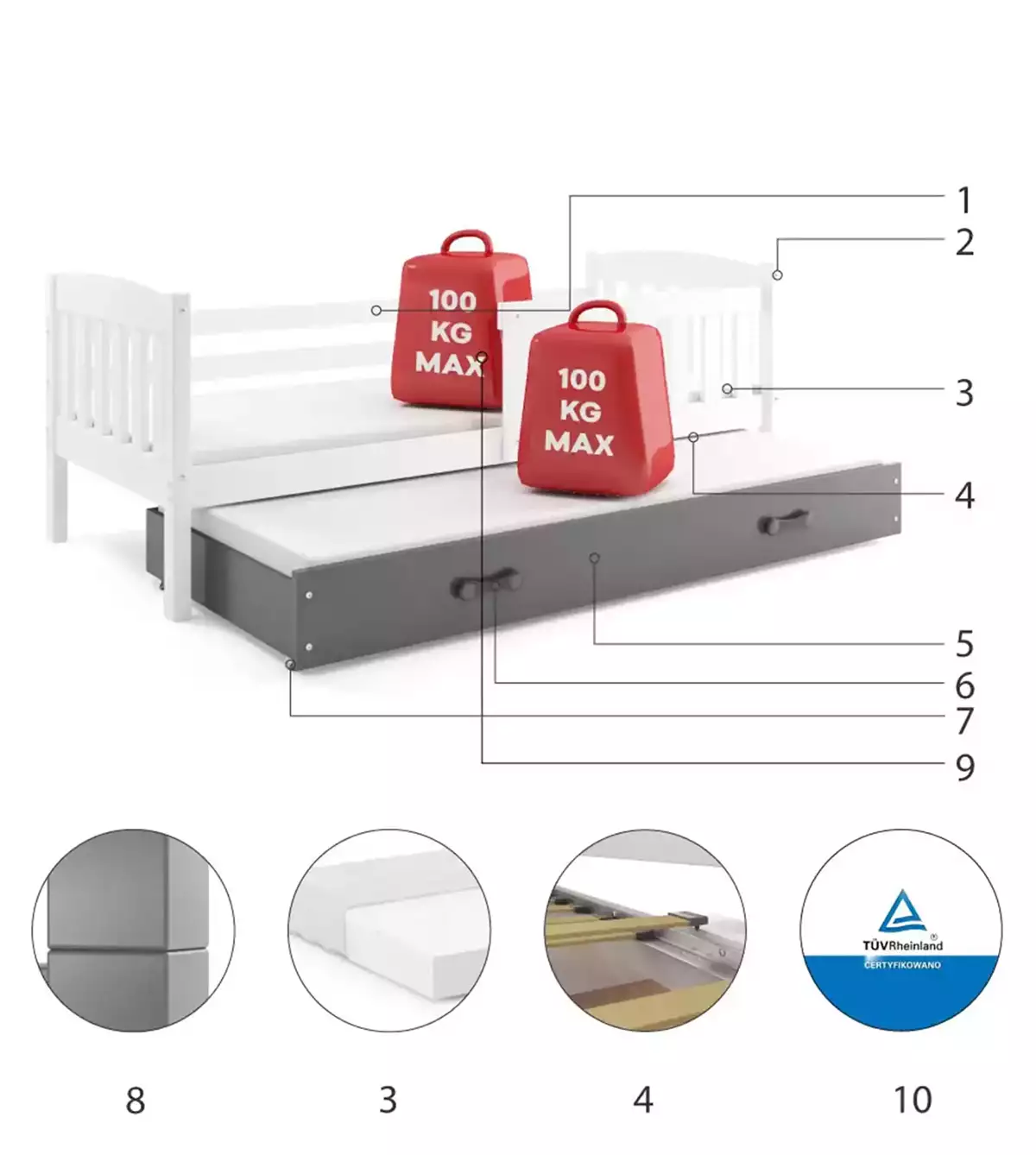 Componente pentru patul de tineret retractabil Winnie 90x200 cu saltea și sertar, alb/grafit Componente pentru patul de tineret retractabil Winnie 90x200 cu saltea și sertar, alb/grafit