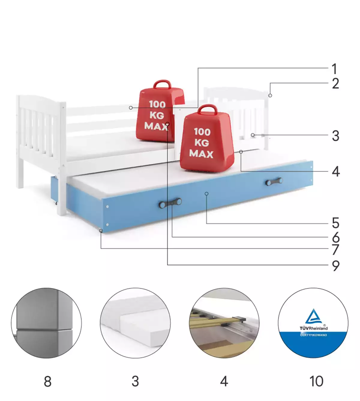 Componente pentru patul de tineret retractabil Winnie 90x200 cu saltea și sertar, alb/albastru Componente pentru patul de tineret retractabil Winnie 90x200 cu saltea și sertar, alb/albastru