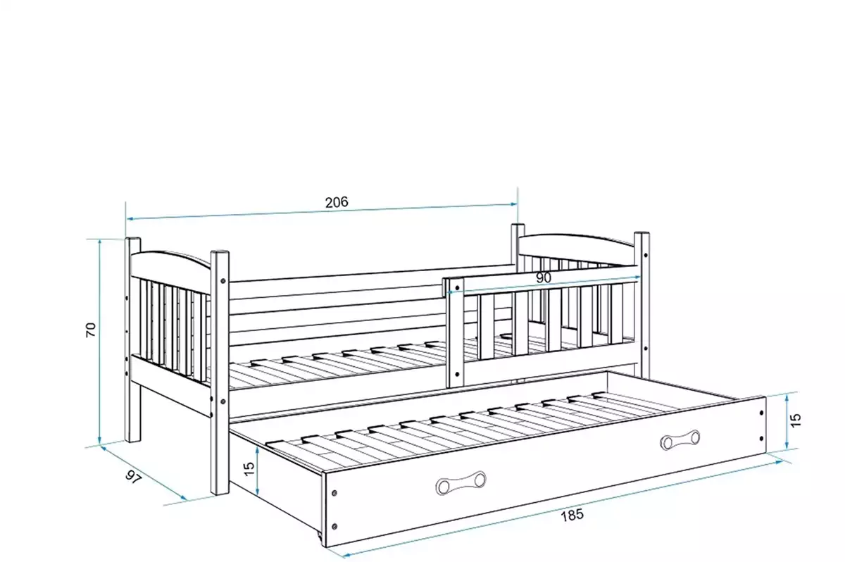 Dimensiuni și specificații pentru paturile de tineret, retractabile Winnie 90x200 cu saltea și sertar, alb/albastru Dimensiuni și specificații pentru paturile de tineret, retractabile Winnie 90x200 cu saltea și sertar, alb/albastru