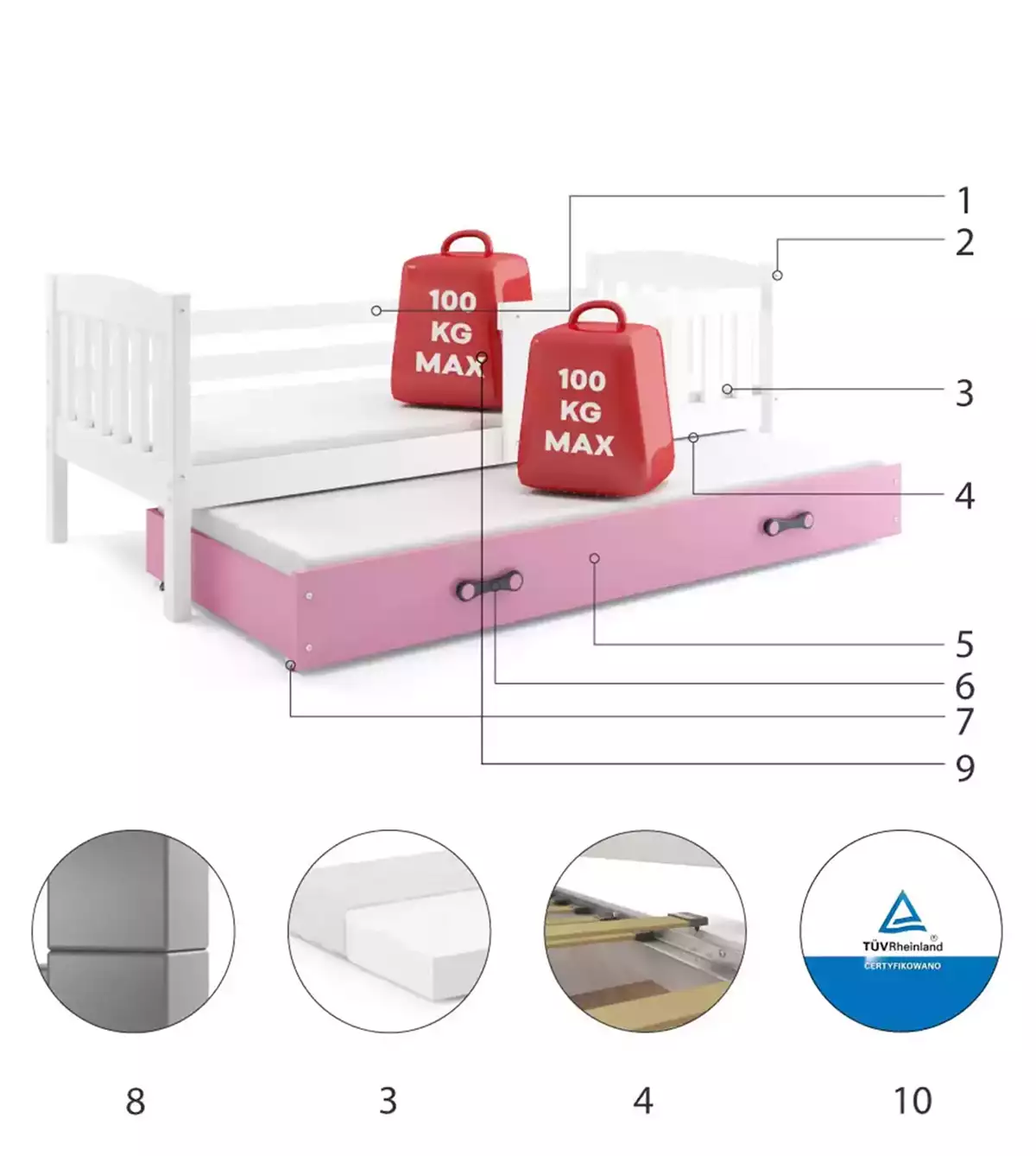 Componente pentru patul de tineret retractabil Winnie 90x200 cu saltea și sertar, alb/roz Componente pentru patul de tineret retractabil Winnie 90x200 cu saltea și sertar, alb/roz