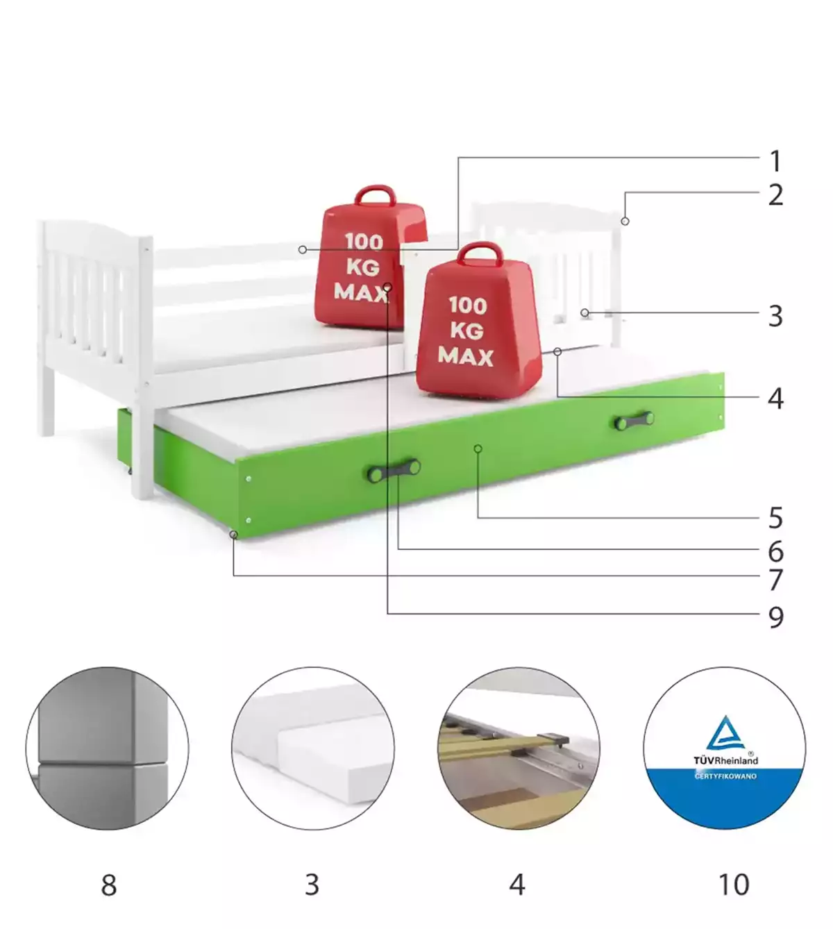 Componente pentru patul de tineret retractabil Winnie 90x200 cu saltea și sertar, alb/verde Componente pentru patul de tineret retractabil Winnie 90x200 cu saltea și sertar, alb/verde