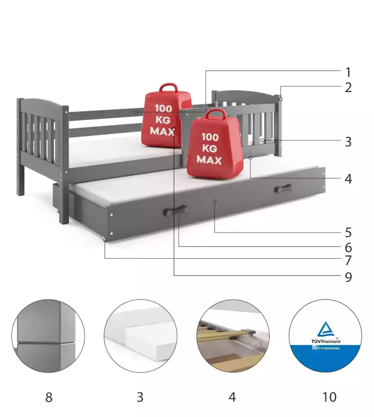 Componente pentru patul de tineret retractabil Winnie 90x200 cu saltea și sertar, grafit Componente pentru patul de tineret retractabil Winnie 90x200 cu saltea și sertar, grafit