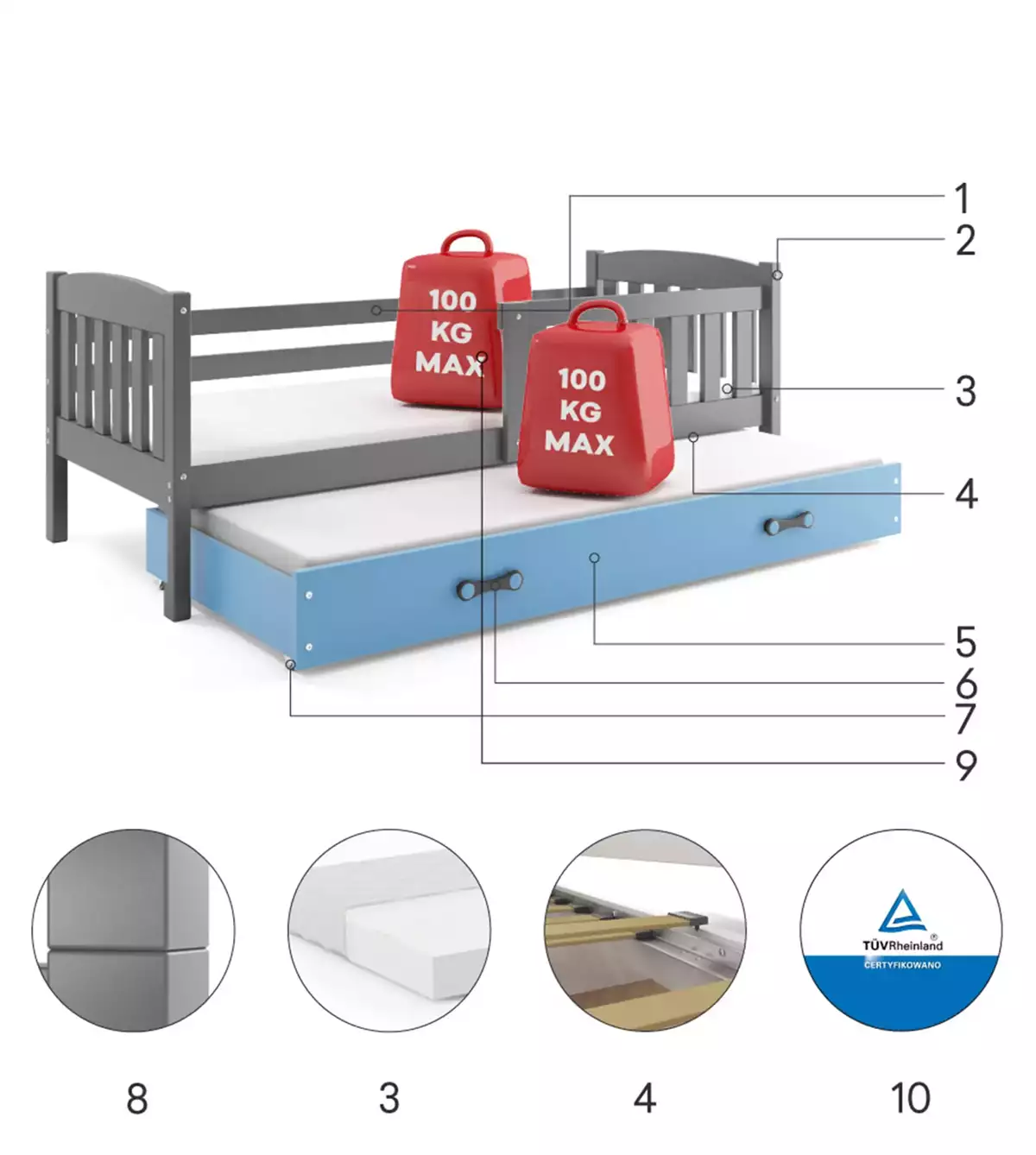Componente pentru patul de tineret retractabil Winnie 90x200 cu saltea și sertar, grafit/albastru