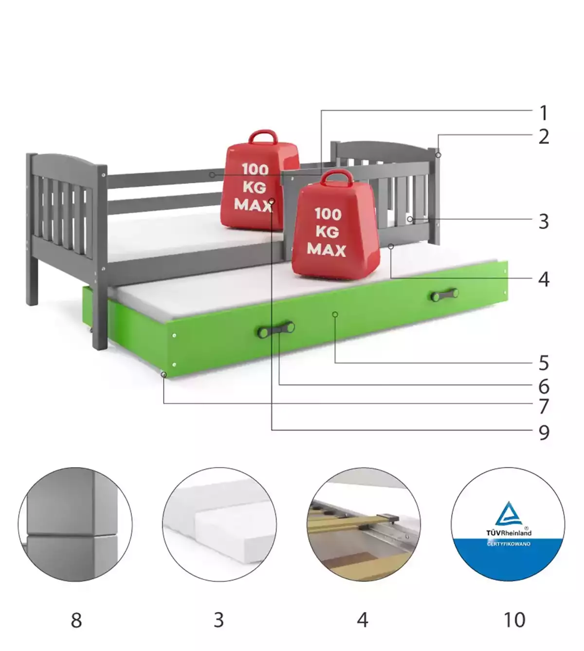 Componente pentru patul de tineret retractabil Winnie 90x200 cu saltea și sertar, grafit/verde Componente pentru patul de tineret retractabil Winnie 90x200 cu saltea și sertar, grafit/verde