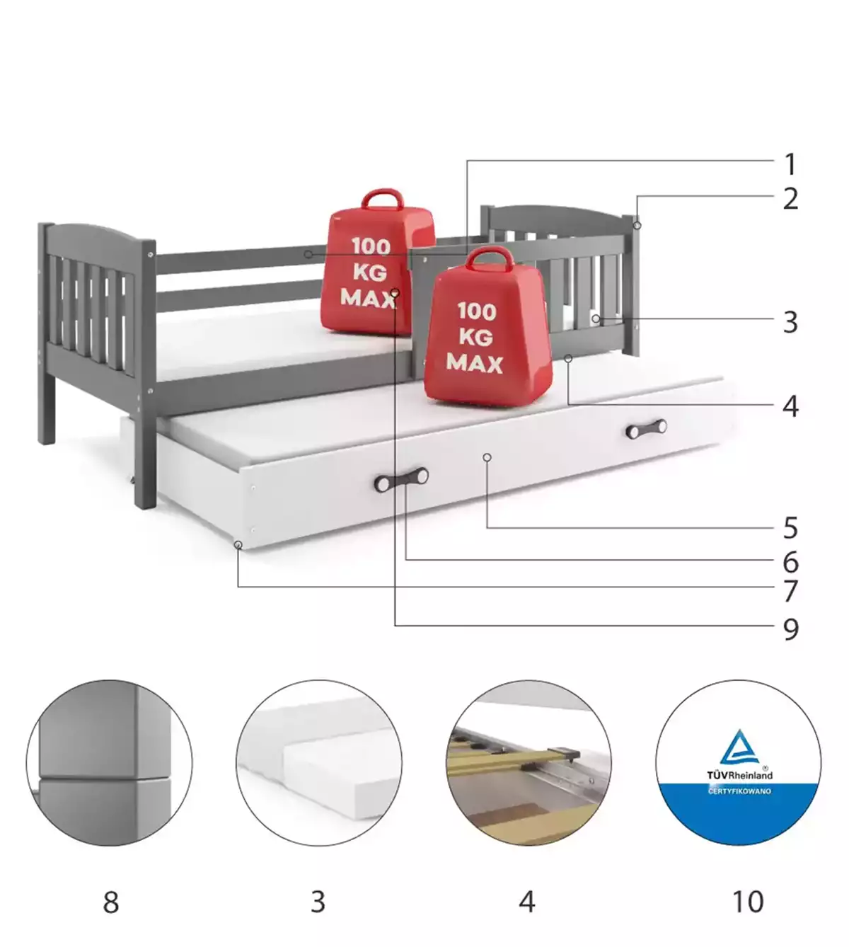 Componente pentru patul de tineret retractabil Winnie 90x200 cu sertar, grafit/alb Componente pentru patul de tineret retractabil Winnie 90x200 cu sertar, grafit/alb
