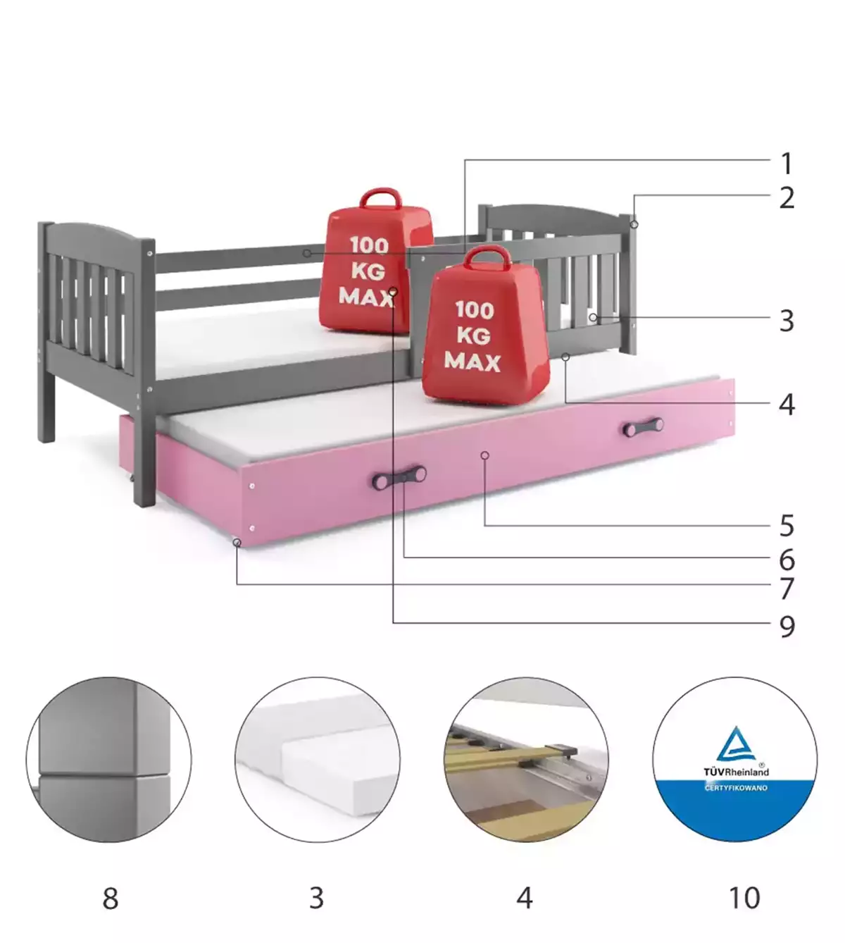 Componente pentru patul de tineret retractabil Winnie 90x200 cu sertar, grafit/roz Componente pentru patul de tineret retractabil Winnie 90x200 cu sertar, grafit/roz