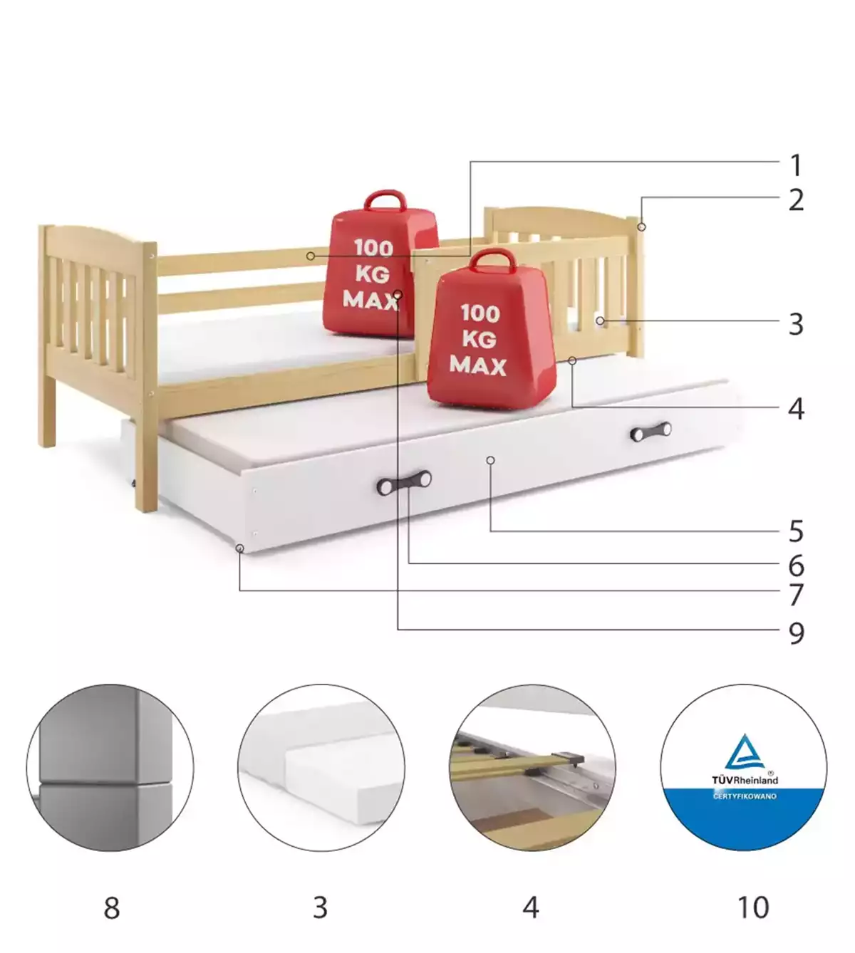 Componente pentru patul de tineret retractabil Winnie 90x200 cu sertar, pin/alb Componente pentru patul de tineret retractabil Winnie 90x200 cu sertar, pin/alb