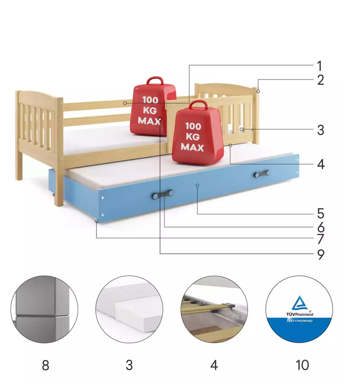 Componente pentru patul de tineret retractabil Winnie 90x200 cu sertar, pin/albastru Componente pentru patul de tineret retractabil Winnie 90x200 cu sertar, pin/albastru