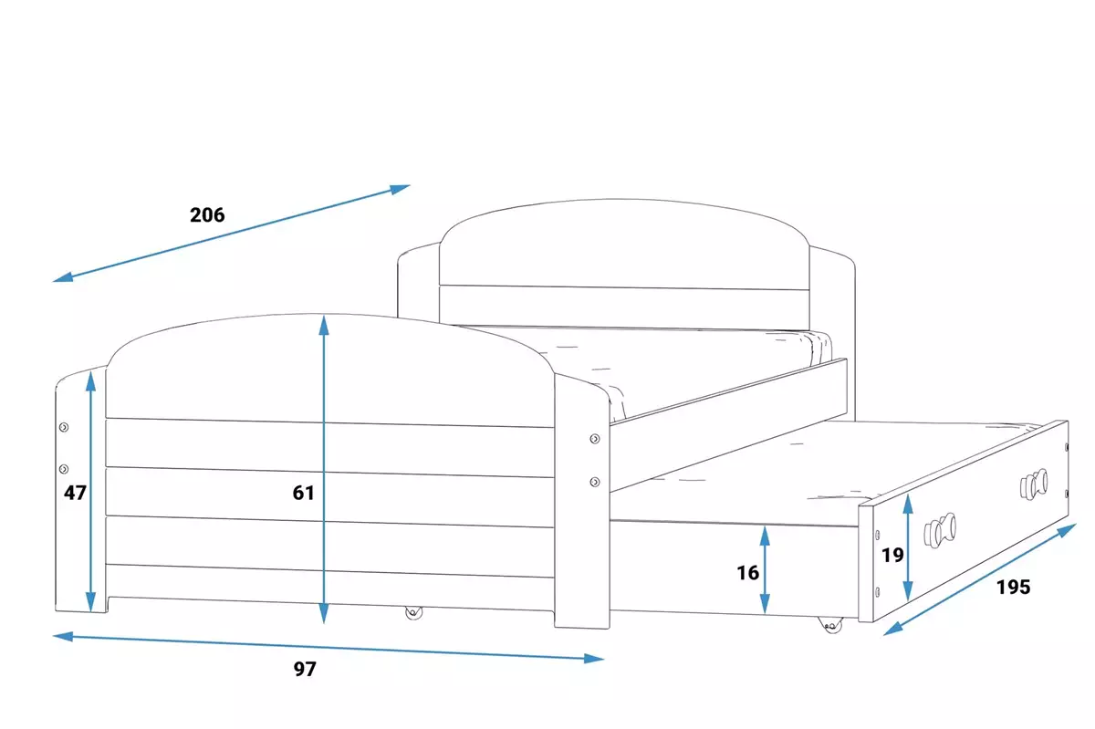 Dimensiuni și specificații pentru patul de tineret retractabil lili 90x200 cu saltea și sertar, alb/albastru Dimensiuni și specificații pentru patul de tineret retractabil lili 90x200 cu saltea și sertar, alb/albastru