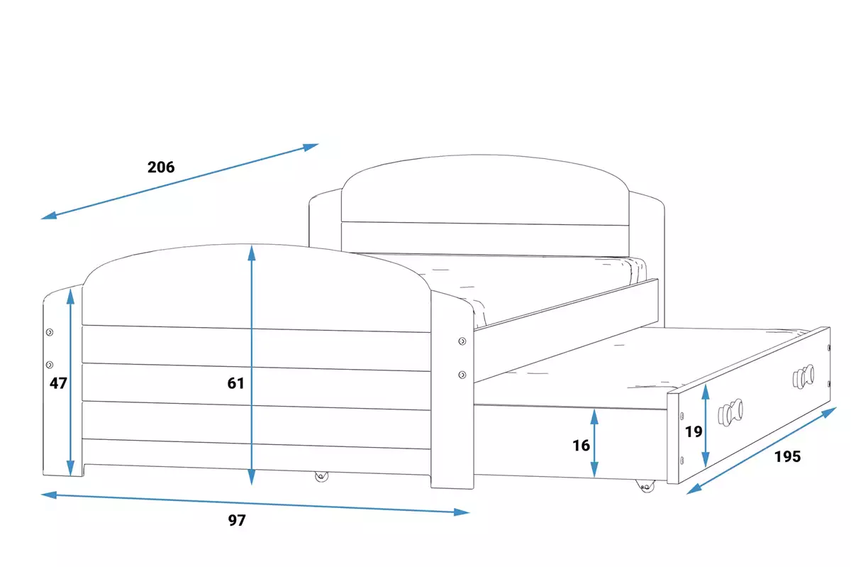 Dimensiuni și specificații pentru patul de tineret retractabil LILI 90x200 cu saltea și sertar, grafit/albastru Dimensiuni și specificații pentru patul de tineret retractabil LILI 90x200 cu saltea și sertar, grafit/albastru
